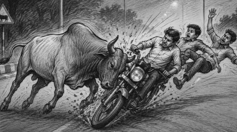 दूर छोड़ा गया सांड़ फिर लौटा, बाइक सवार दंपती बने शिकार